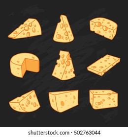 Vector set of cheese isolated on a black background. Hand drawn cheese outline vector illustration. Cheese sketch.