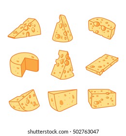 Vector set of cheese isolated on a white background. Hand drawn cheese outline vector illustration. Cheese sketch.