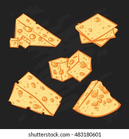 Vector set of cheese on a black background. Hand drawn cheese outline vector illustration.