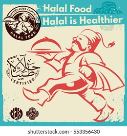 Vector set of chef and Halal food Traditional Arabic Calligraphy Label Design Template. Isolated Artwork. Suitable for any print and on-line media need.