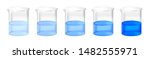 Vector set of chemical beakers with different concentration of blue substance solution. Color gradient from light to dark.  Full laboratory glassware with calibration standard preparation isolated.