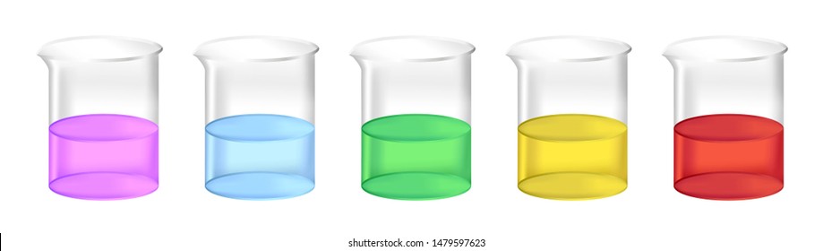 Vector set of chemical beakers with  liquid fluids – water, acid, solvent or chemicals. Full laboratory glassware with different colors of substance solution isolated. Purple, blue, green, yellow, red