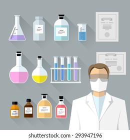 Vector set - chemical designer. Flat design The test tube, beaker, flask