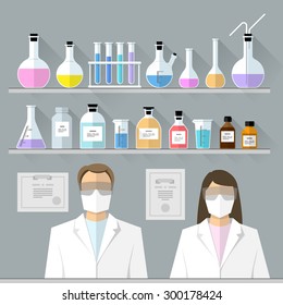 Vector set - chemical designer. Flat design The test tube, beaker, flask