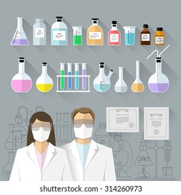 Vector set - chemical designer. Flat design The test tube, beaker, flask