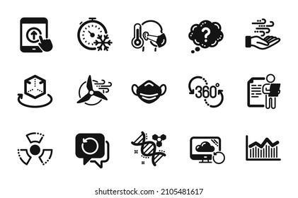 Vector Set Of Chemical Hazard, Recovery Cloud And Sick Man Icons Simple Set. Question Mark, Job Interview And Swipe Up Icons. 360 Degree, Freezing Timer And Wind Energy Signs. Vector