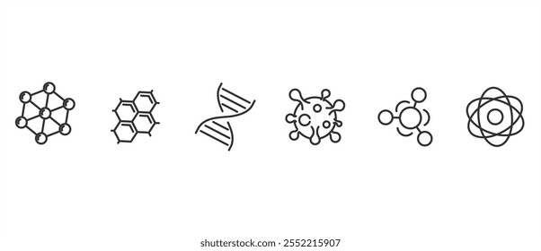 Conjunto vetorial de ícones químicos. Frascos, hélice de DNA, ligações atômicas, bactérias, vírus, células, moléculas. Estilo linear do ícone de vetor no plano de fundo transparente. Traçado vetorial editável.