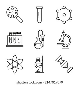 Vector set of chemical icons. Test tubes, flasks, dna helix, atomic bonds. Linear style editable stroke. 