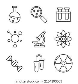 Conjunto vectorial de iconos químicos. Tubos de ensayo, frascos, dna helix, lazos atómicos. Curso editable de estilo lineal. 