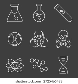 Conjunto vetorial de ícones de linha química e física no plano de fundo escuro