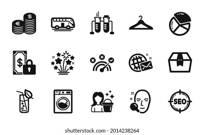 Vector set of Chemistry beaker, Private payment and Package box icons simple set. Washing machine, Pie chart and Seo icons. Cloakroom, Face search and World mail signs. Vector