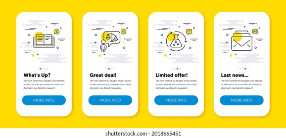 Vector set of Chemistry experiment, Education and Lawyer line icons set. UI phone app screens with line icons. Mail icon. Laboratory flask, Instruction book, Court judge. New messages. Vector