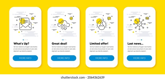 Vector set of Chemistry experiment, Mail newsletter and Cloud sync line icons set. UI phone app screens with line icons. Survey check icon. Laboratory flask, Open e-mail, Synchronize storage. Vector