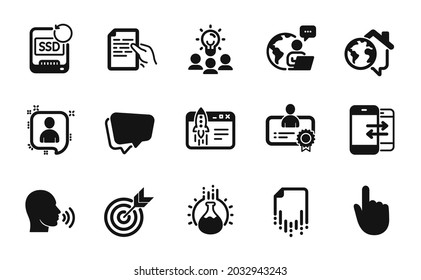 Vector set of Chemistry experiment, Start business and Hold document icons simple set. Recovery ssd, Recovery file and Hand click icons. Certificate, Business idea and Outsource work signs. Vector