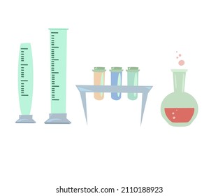  Vektorgrafik-Laboratorien und Diagramme mit verschiedenen Experimenten, Glaswaren und Molekülen einzeln auf Weiß für Design-Elemente, farbige Vektorgrafik