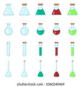 Vector Set of Chemistry Lab Glassware Flat Icons. Empty and with Color Liquids.