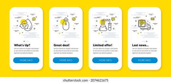 Vector set of Chemistry lab, Recycle water and Swipe up line icons set. UI phone app screens with line icons. Truck parking icon. Medical laboratory, Refill aqua, Scrolling page. Free park. Vector