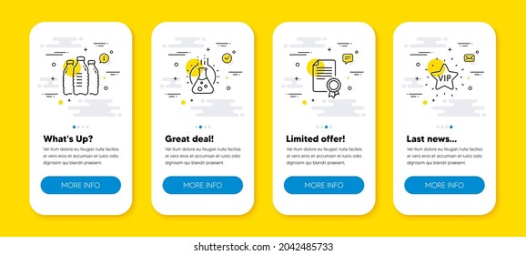 Vector set of Chemistry lab, Water bottles and Certificate line icons set. UI phone app screens with line icons. Vip star icon. Laboratory, Aqua drinks, Diploma. Exclusive privilege. Vector