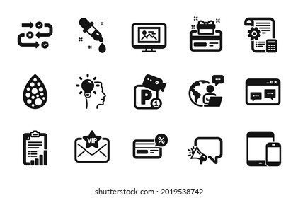 Vector set of Chemistry pipette, Loyalty card and Megaphone icons simple set. Checklist, Survey progress and Outsource work icons. Parking security, Vip mail and Idea signs. Vector
