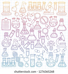 Vector set of chemistry, science icons. Pattern with laboratory equipment images.