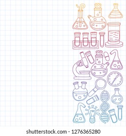 Vector set of chemistry, science icons. Pattern with laboratory equipment images.