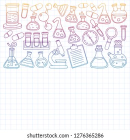 Vector set of chemistry, science icons. Pattern with laboratory equipment images.