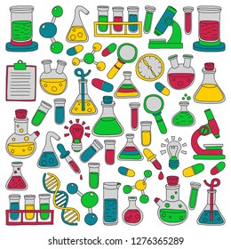 Vector set of chemistry, science icons. Pattern with laboratory equipment images.