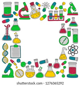 Vector set of chemistry, science icons. Pattern with laboratory equipment images.