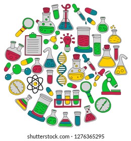 Vector set of chemistry, science icons. Pattern with laboratory equipment images.
