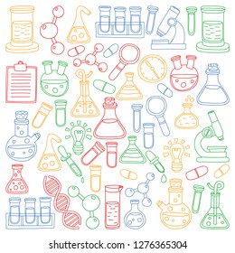 Vector set of chemistry, science icons. Pattern with laboratory equipment images.