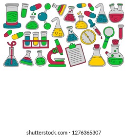 Vector set of chemistry, science icons. Pattern with laboratory equipment images.