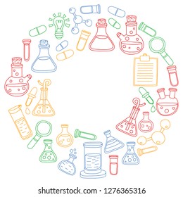 Vector set of chemistry, science icons. Pattern with laboratory equipment images.