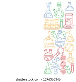 Vector set of chemistry, science icons. Pattern with laboratory equipment images.