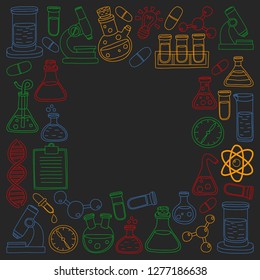 Vector set of chemistry, science icons. Pattern with laboratory equipment images.