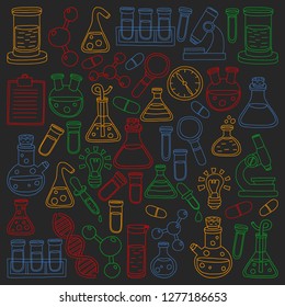 Vector set of chemistry, science icons. Pattern with laboratory equipment images.