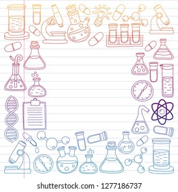Vector set of chemistry, science icons. Pattern with laboratory equipment images.