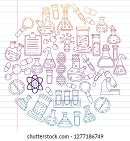 Vector set of chemistry, science icons. Pattern with laboratory equipment images.
