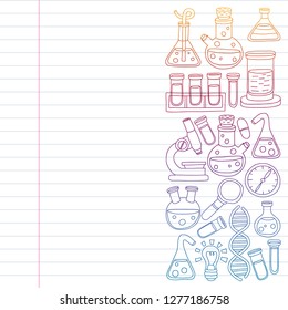 Vector set of chemistry, science icons. Pattern with laboratory equipment images.