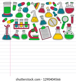 Vector set of chemistry, science icons. Pattern with laboratory equipment images.