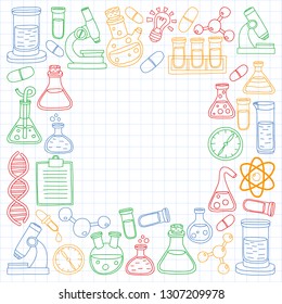 Vector set of chemistry, science icons. Pattern with laboratory equipment images.