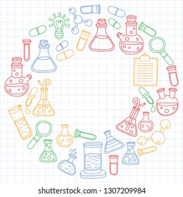 Vector set of chemistry, science icons. Pattern with laboratory equipment images.