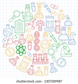 Vector set of chemistry, science icons. Pattern with laboratory equipment images.