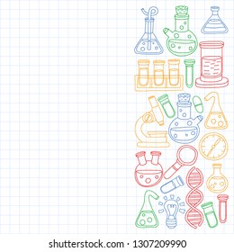 Vector set of chemistry, science icons. Pattern with laboratory equipment images.