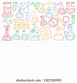 Vector set of chemistry, science icons. Pattern with laboratory equipment images.