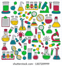 Vector set of chemistry, science icons. Pattern with laboratory equipment images.