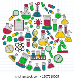 Vector set of chemistry, science icons. Pattern with laboratory equipment images.
