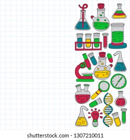 Vector set of chemistry, science icons. Pattern with laboratory equipment images.