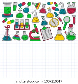 Vector set of chemistry, science icons. Pattern with laboratory equipment images.
