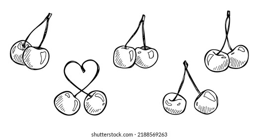 Vector set of cherry clipart. Hand drawn berry icon. Fruit illustration. For print, web, design, decor, logo.