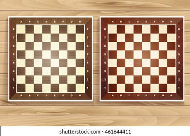 Vector set of chess boards on wooden background. checkers or draughts, a traditional board game with pieces in dark and light brown, vector illustration